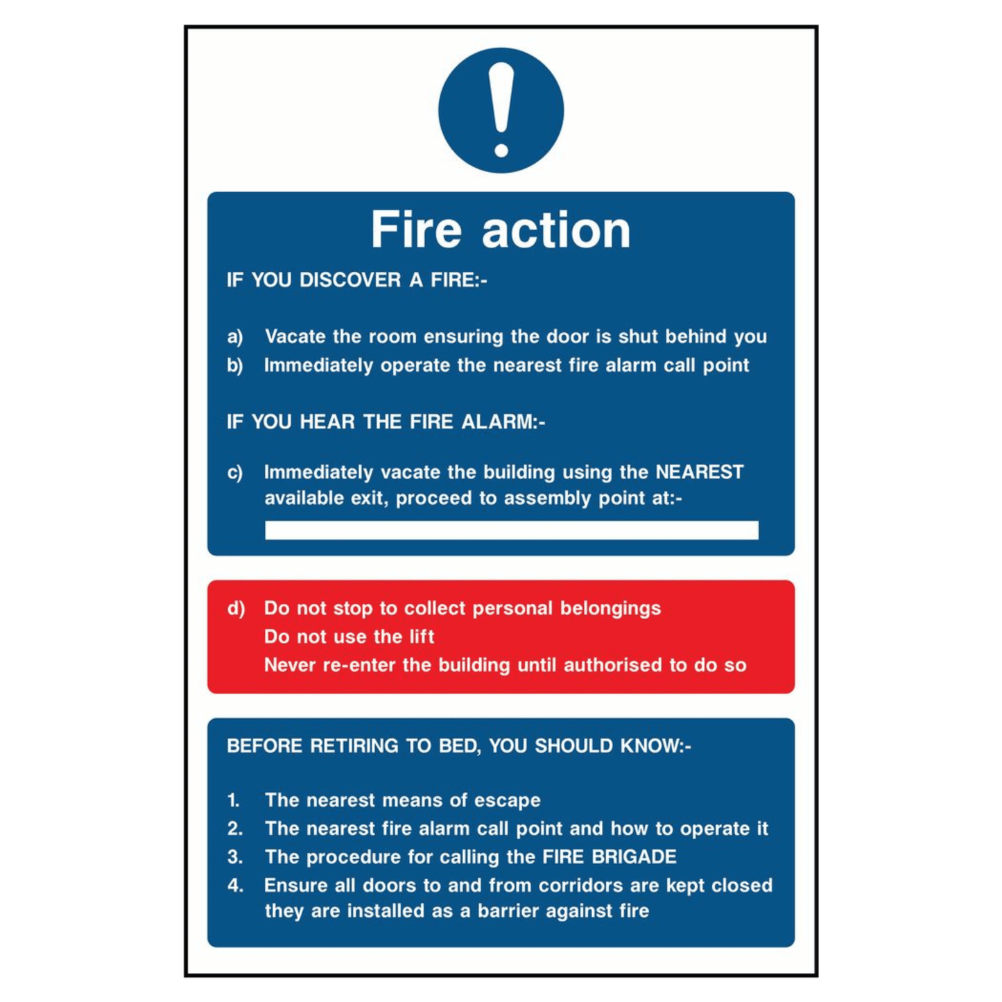 Hotel Fire Action Sign